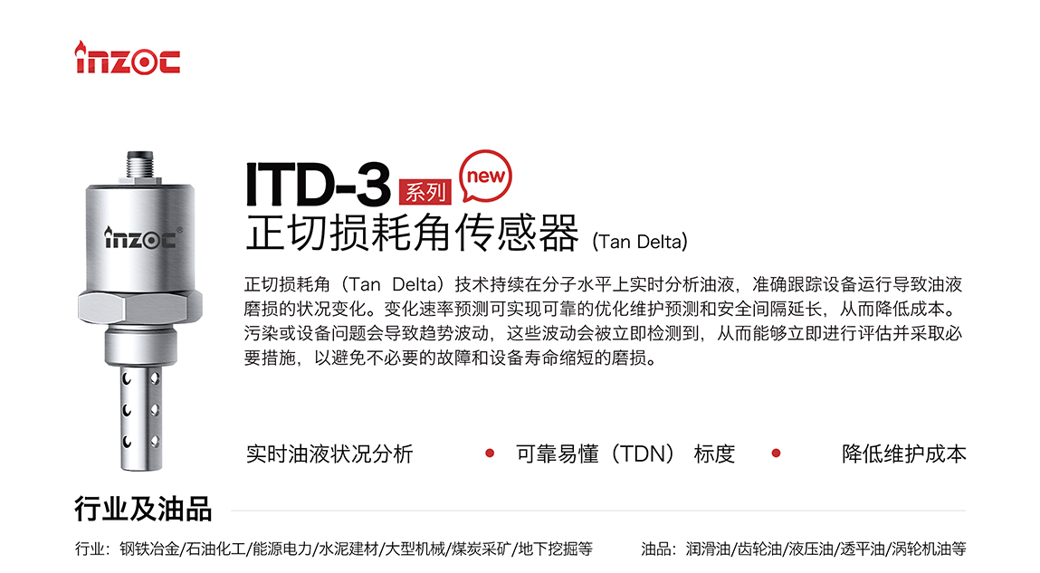 ITD-3系列油液正切損耗角(Tan Delta)傳感器技術(shù)持續(xù)在分子水平上實時分析油液，準(zhǔn)確跟蹤設(shè)備運(yùn)行導(dǎo)致油液磨損的狀況變化。變化速率預(yù)測可實現(xiàn)可靠的優(yōu)化維護(hù)預(yù)測和安全間隔延長，從而降低成本。污染或設(shè)備問題會導(dǎo)致趨勢波動，這些波動會被立即檢測到，從而能夠立即進(jìn)行評估并采取必要措施，以避免不必要的故障和設(shè)備壽命縮短的磨損。應(yīng)用行業(yè):鋼鐵冶金/石油化工/能源電力/水泥建材/大型機(jī)械/煤炭采礦/地下挖掘等;檢測油品:潤滑油/齒輪油/液壓油/透平油/渦輪機(jī)油等